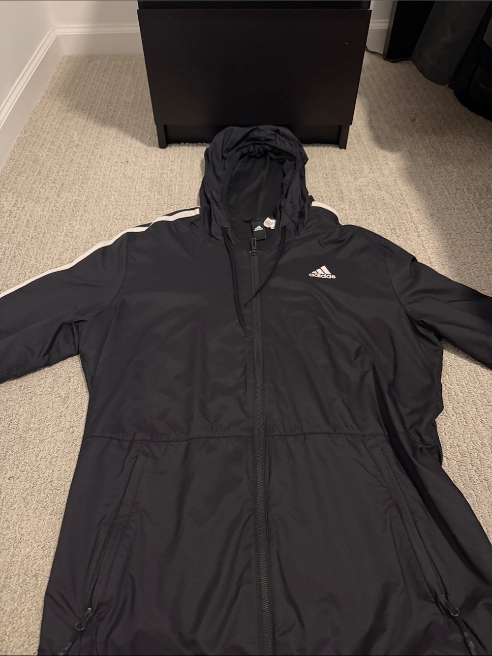 adidas Men's Black Hooded Windbreaker with White Stripe